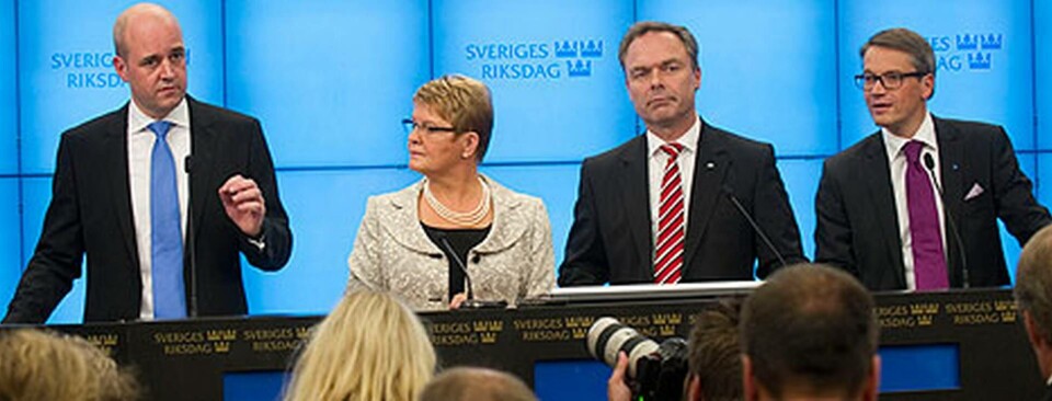 Alliansen har presskonferens efter riksdagens högtidliga öppnande.Fredrik Reinfeldt, Maud Olofsson, Jan Björklund och Göran Hägglund. Foto: Fredrik Sandberg/SCANPIX