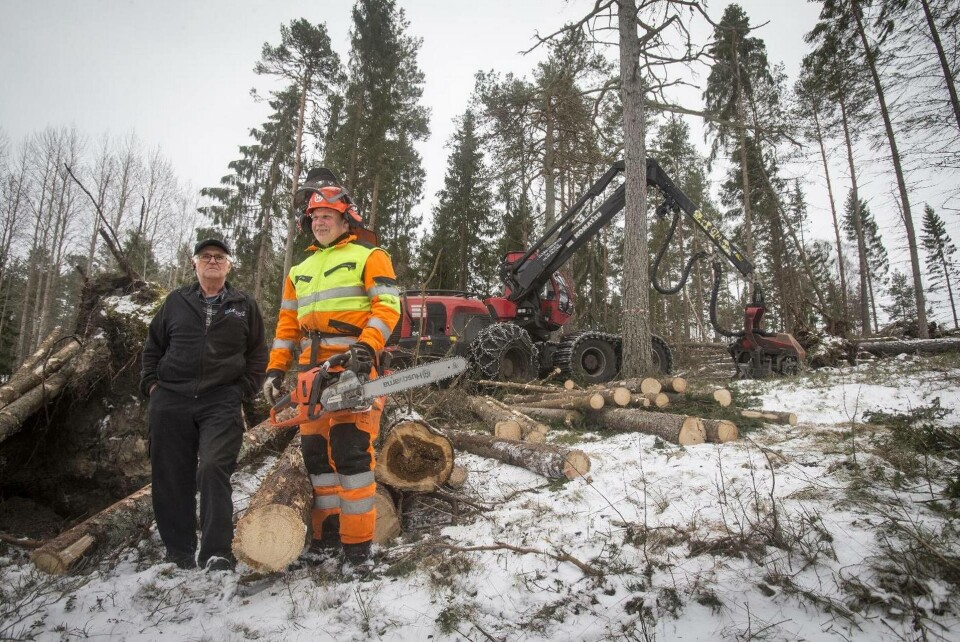 Nils-Anders Jonsson och Gunnar Bellander har arbetat många år tillsammans. Det är livsviktigt att kommunikationen fungerar när man röjer upp i skogen efter stormar. Foto: Siv Öberg