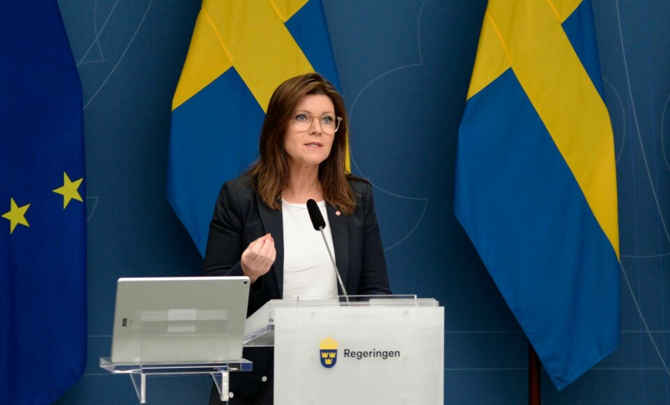 Arbetsmarknadsminister Eva Nordmark (S) presenterar ny delegation mot arbetslivskriminalitet som tillsätts av regeringen. Foto: Robin EK/TT