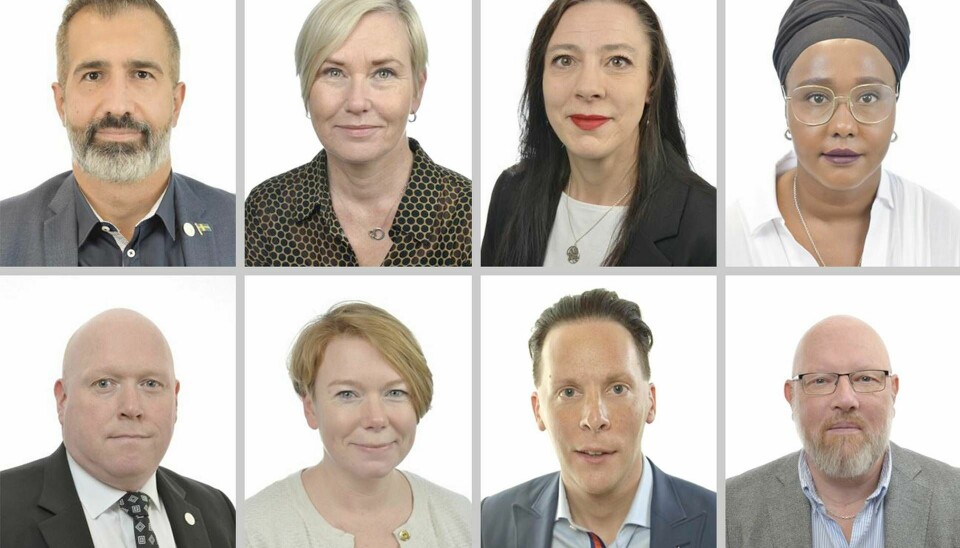 Partiernas arbetsmarknadspolitiska talespersoner. Från vänster: Alireza Akhondi (C), Anna Johansson (S), Ciczie Weidby (V), Leila Ali Elmi (MP), Magnus Persson (SD), Malin Danielsson (L), Mats Gren (M), Michael Anefur (KD).